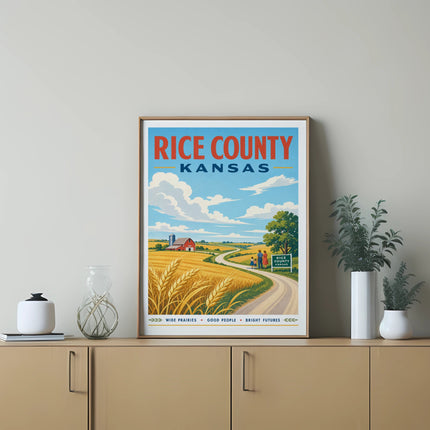 "Rice County Kansas" poster with rural landscape of wheat fields and farm.