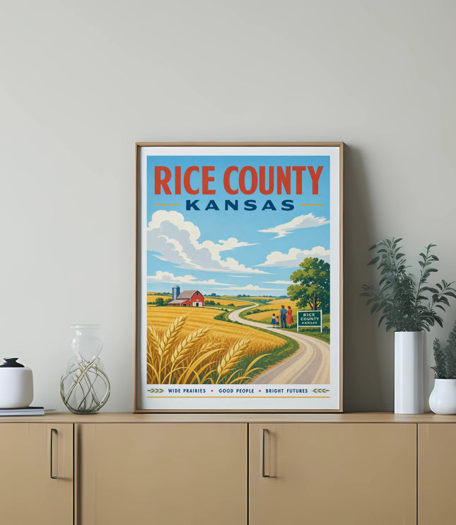 "Rice County Kansas" poster with rural landscape of wheat fields and farm.