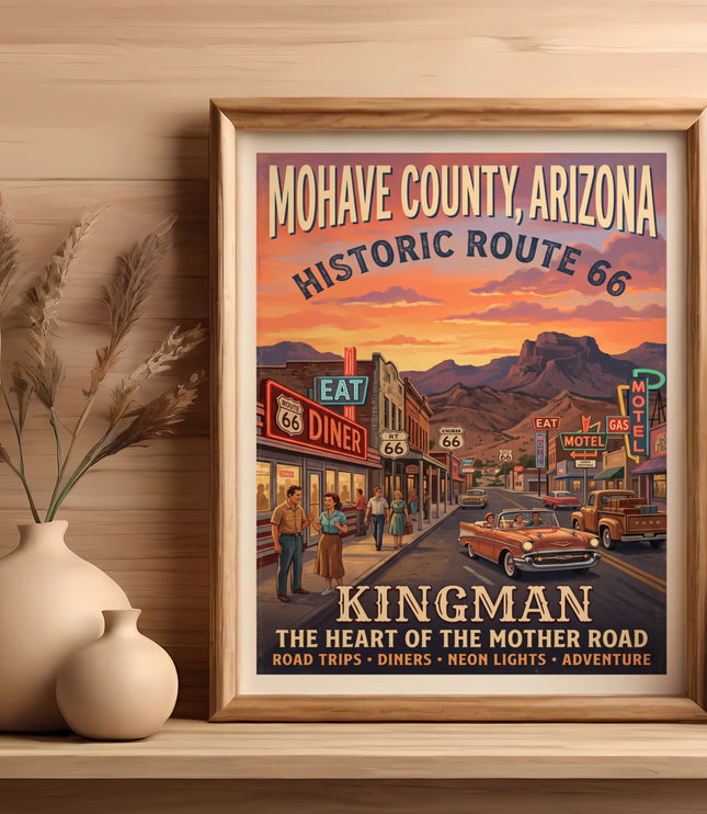 Mohave County, Arizona Historic Route 66 poster with Kingman, diners, and motels.