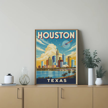 Framed poster with "HOUSTON TEXAS" and skyline art on a wooden dresser.