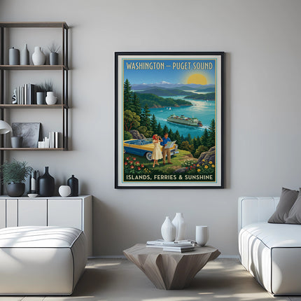 Vintage poster of Washington–Puget Sound with text: Islands, Ferries & Sunshine.