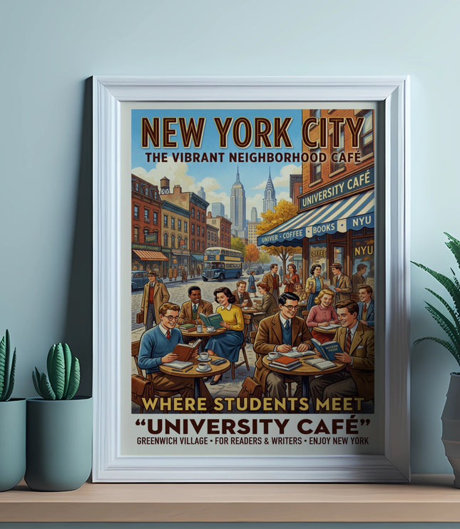 Vintage New York City poster of "University Café" with students reading.