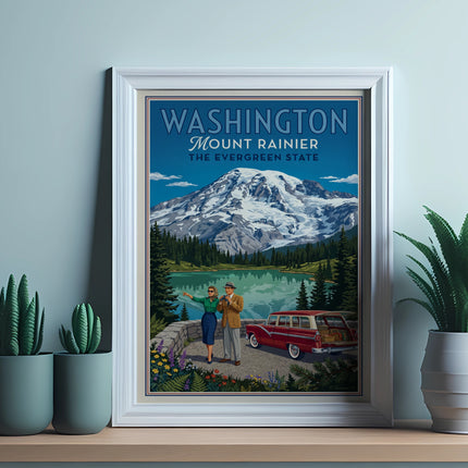 Vintage poster of Mount Rainier, Washington, with a couple and a station wagon.