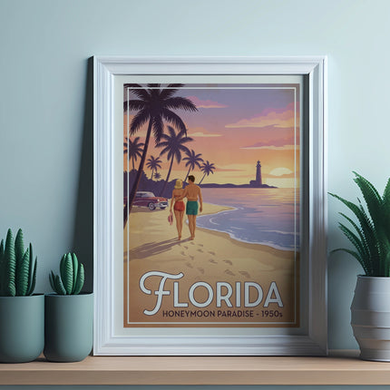 Vintage Florida honeymoon paradise travel poster with couple walking on beach.