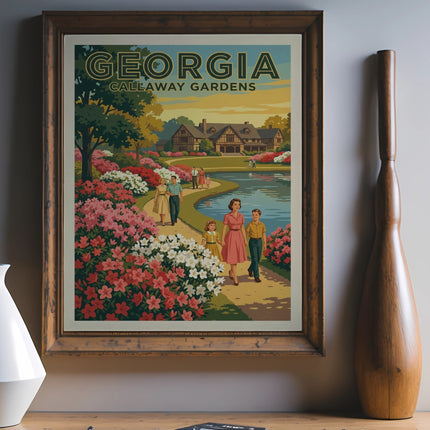 Vintage Georgia Callaway Gardens poster with people near a lake and flowering bushes.