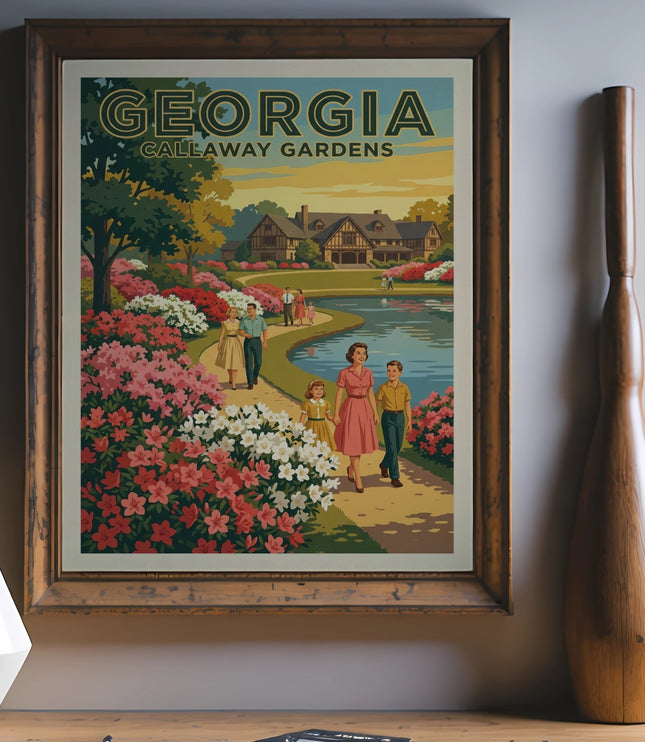Vintage Georgia Callaway Gardens poster with people near a lake and flowering bushes.