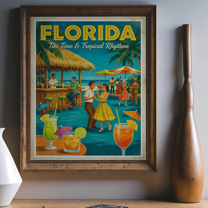 Retro Florida tiki bar poster with dancing couple and tropical drinks.