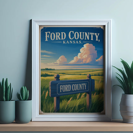 Framed sign for Ford County, Kansas, with a rural landscape background.