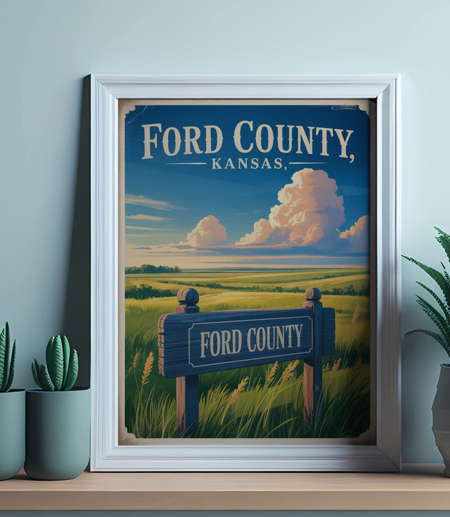 Framed sign for Ford County, Kansas, with a rural landscape background.
