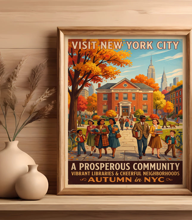 Vintage New York City autumn poster featuring families walking by a library.