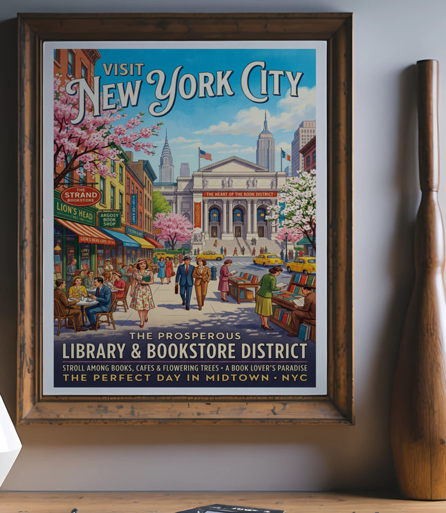 Vintage New York City Library & Bookstore District poster with cherry blossoms and iconic buildings.