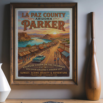 La Paz County Arizona Parker travel poster with riverside charm, sunset, and scenic beauty.
