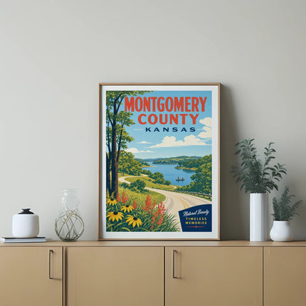 Montgomery County Kansas poster with landscape and text.