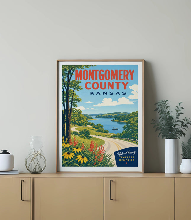 Montgomery County Kansas poster with landscape and text.