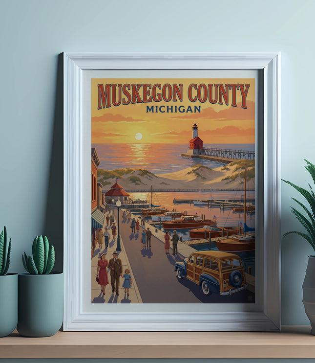 Muskegon County Michigan poster with lighthouse, boats, and beach dunes at sunset.