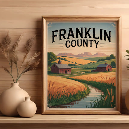 Framed artwork depicting a rural Franklin County farm scene with fields and barns.