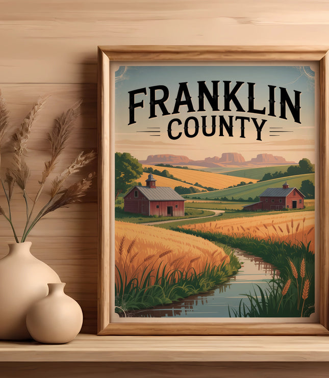 Framed artwork depicting a rural Franklin County farm scene with fields and barns.