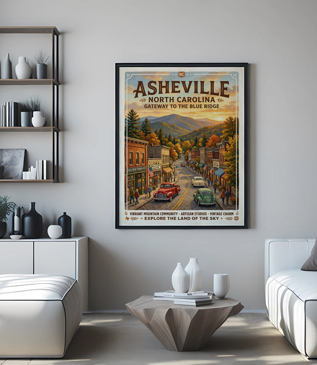 Asheville North Carolina vintage travel poster featuring a street scene and mountains.