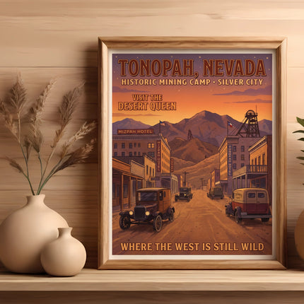 Tonopah, Nevada vintage travel poster showing a street with old cars and hotels.