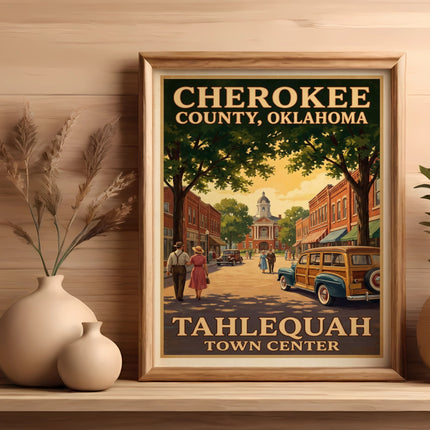 Cherokee County, Oklahoma Tahlequah Town Center vintage travel poster.