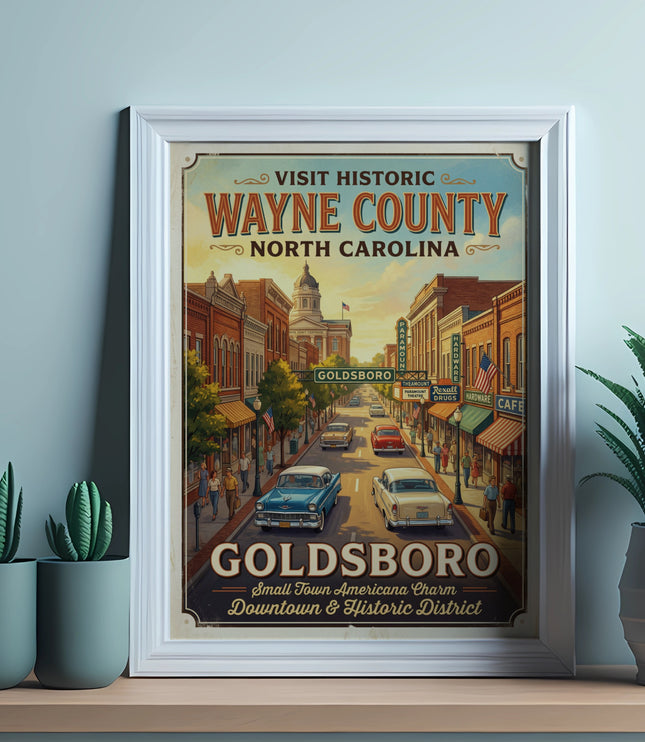 Goldsboro North Carolina vintage travel poster with Wayne County courthouse and classic cars.