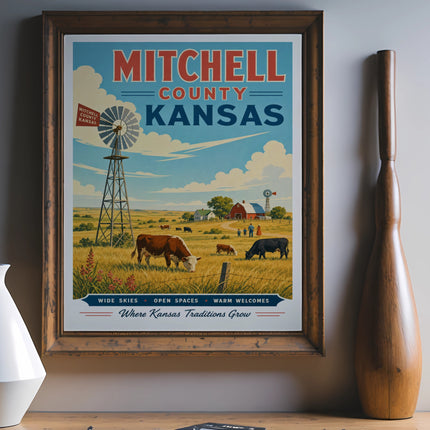 Vintage poster for Mitchell County, Kansas with windmill, farm, and cows.