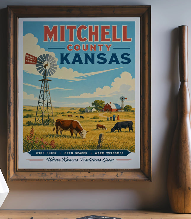 Vintage poster for Mitchell County, Kansas with windmill, farm, and cows.