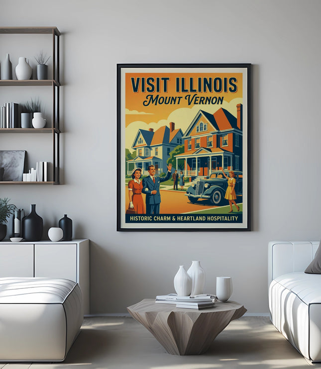 Vintage "Visit Illinois Mount Vernon" poster with people and car.