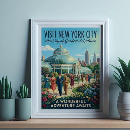 Vintage New York City poster with people, gardens, and skyline.