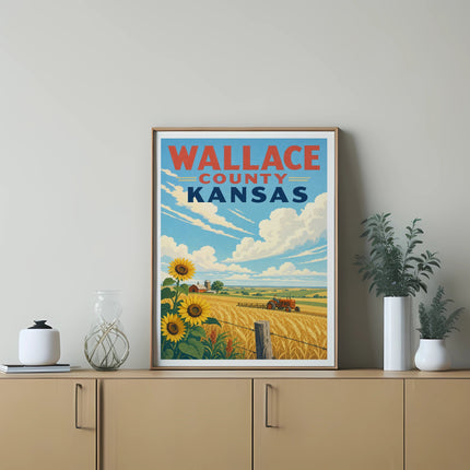 Wallace County Kansas poster with sunflowers, wheat field, and tractor.