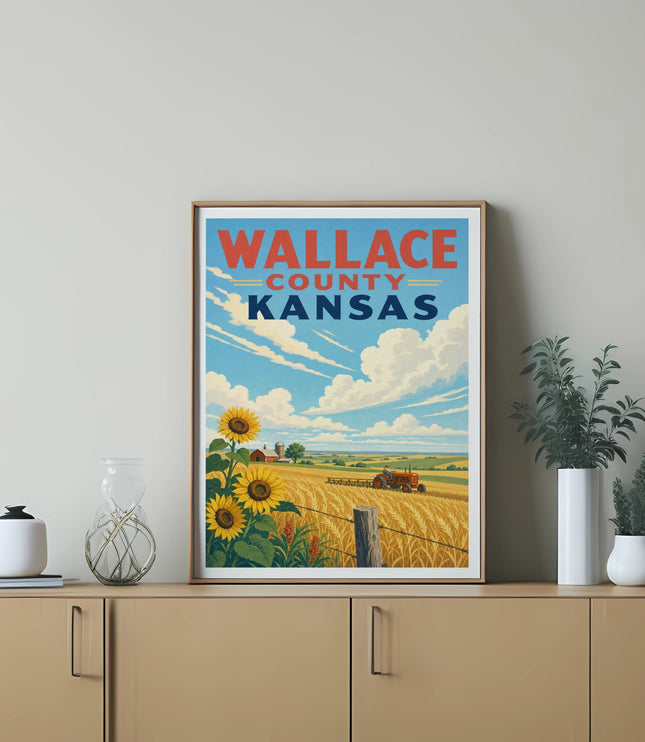 Wallace County Kansas poster with sunflowers, wheat field, and tractor.