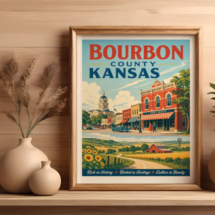 Bourbon County Kansas poster with Fort Scott scene, farms, and text.