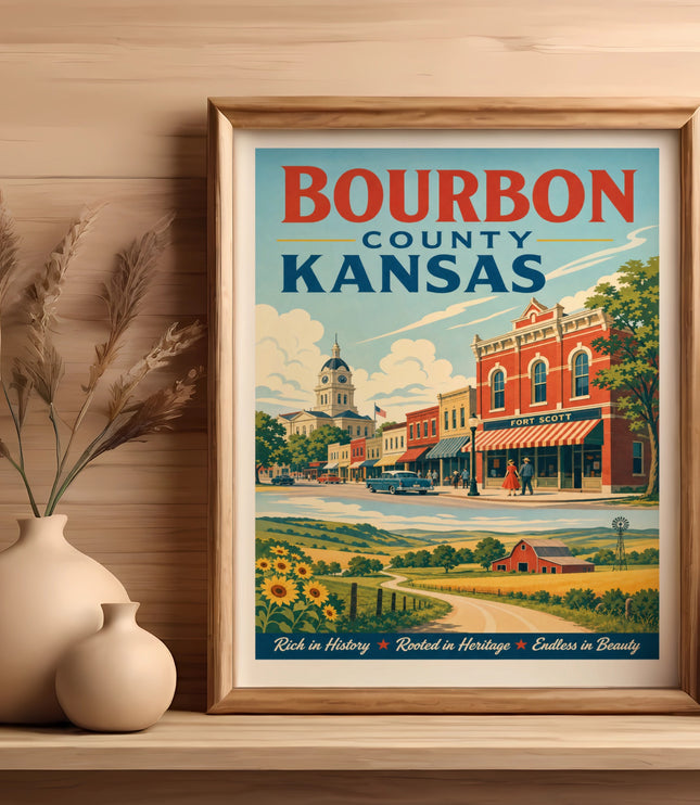 Bourbon County Kansas poster with Fort Scott scene, farms, and text.