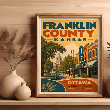 Framed vintage travel poster for Ottawa, Franklin County, Kansas.