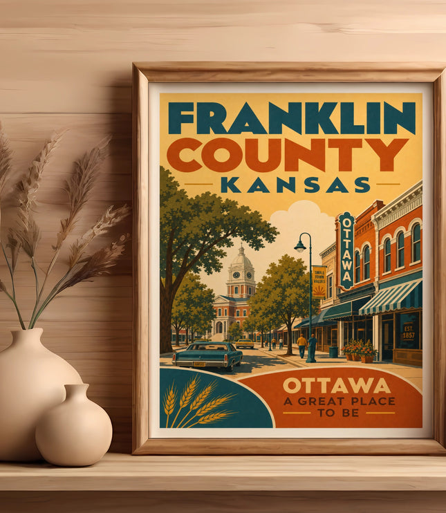 Framed vintage travel poster for Ottawa, Franklin County, Kansas.
