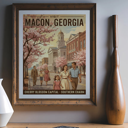 Vintage poster depicting Macon, Georgia, with cherry blossoms and a street scene.