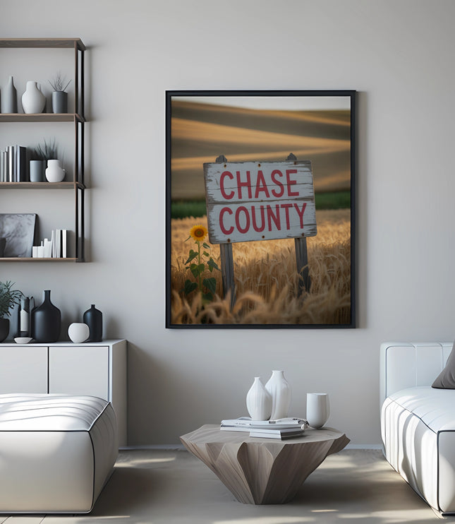 Framed sign for Chase County in a field of wheat with a sunflower.