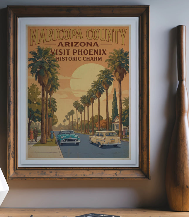 Maricopa County Arizona vintage poster of palm trees, cars, and desert scenery.
