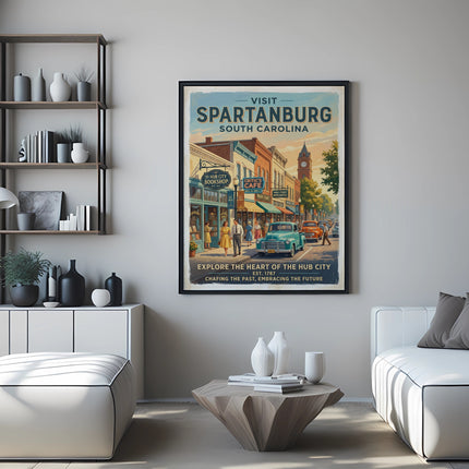 Visit Spartanburg, South Carolina vintage poster with street scene and text.