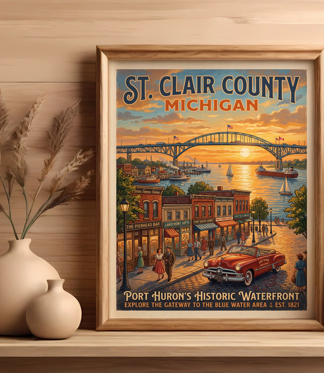 Vintage art depicts St. Clair County, Michigan waterfront with bridge, boats, shops, and car.