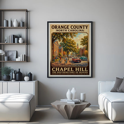 Vintage poster for Chapel Hill, North Carolina, featuring buildings, trees, and people.