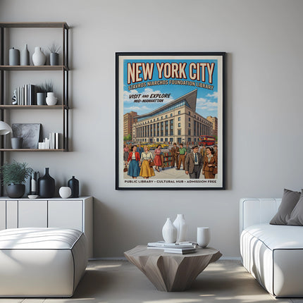 New York City Stavros Niarchos Foundation Library vintage travel poster.