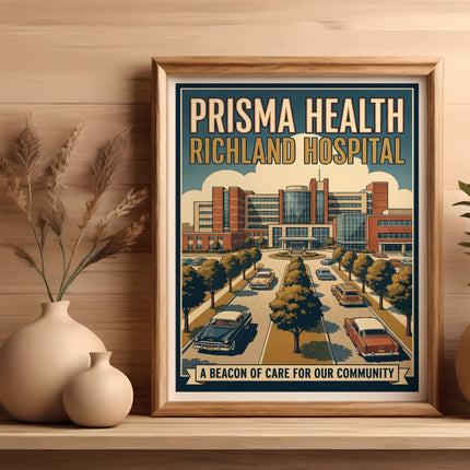 Prisma Health Richland Hospital poster with retro cars by a tree-lined street.