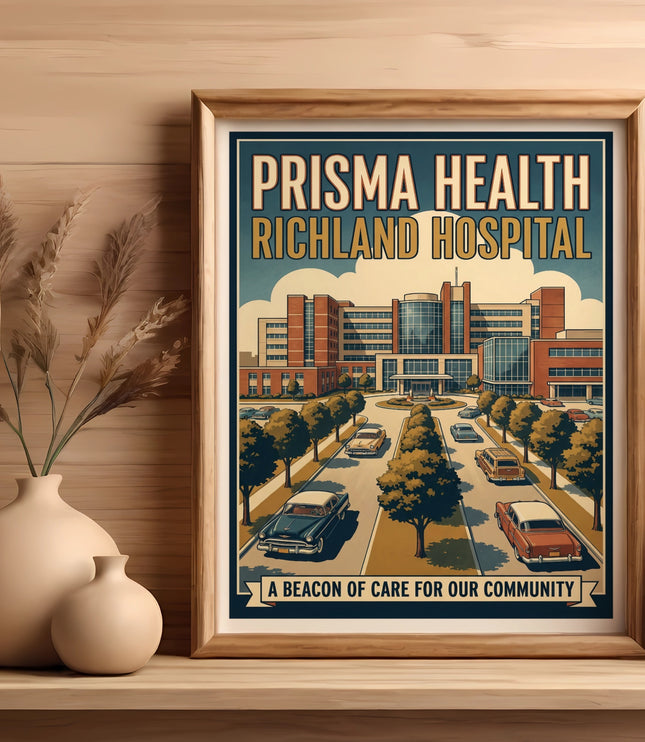 Prisma Health Richland Hospital poster with retro cars by a tree-lined street.