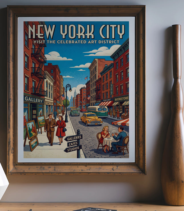 New York City vintage poster depicting an art district street scene with people and cars.