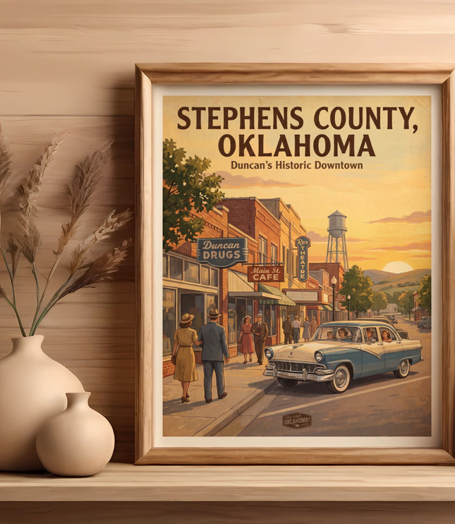 Vintage poster of Stephens County, Oklahoma, Duncan's Historic Downtown scene.