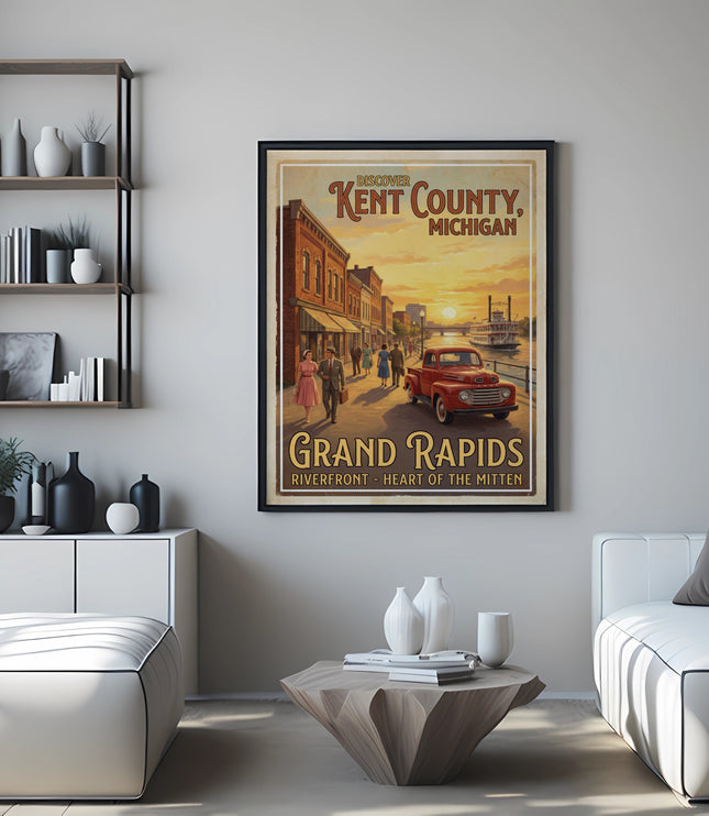 Vintage style poster of Grand Rapids, Kent County, Michigan with a red truck and paddleboat.