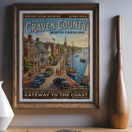 Vintage poster for Craven County, North Carolina, featuring historic waterfront and vintage cars.