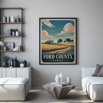 Vintage Ford County, Kansas travel poster with landscape and text.