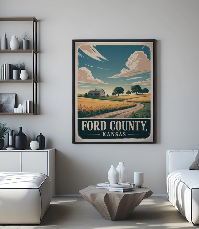 Vintage Ford County, Kansas travel poster with landscape and text.